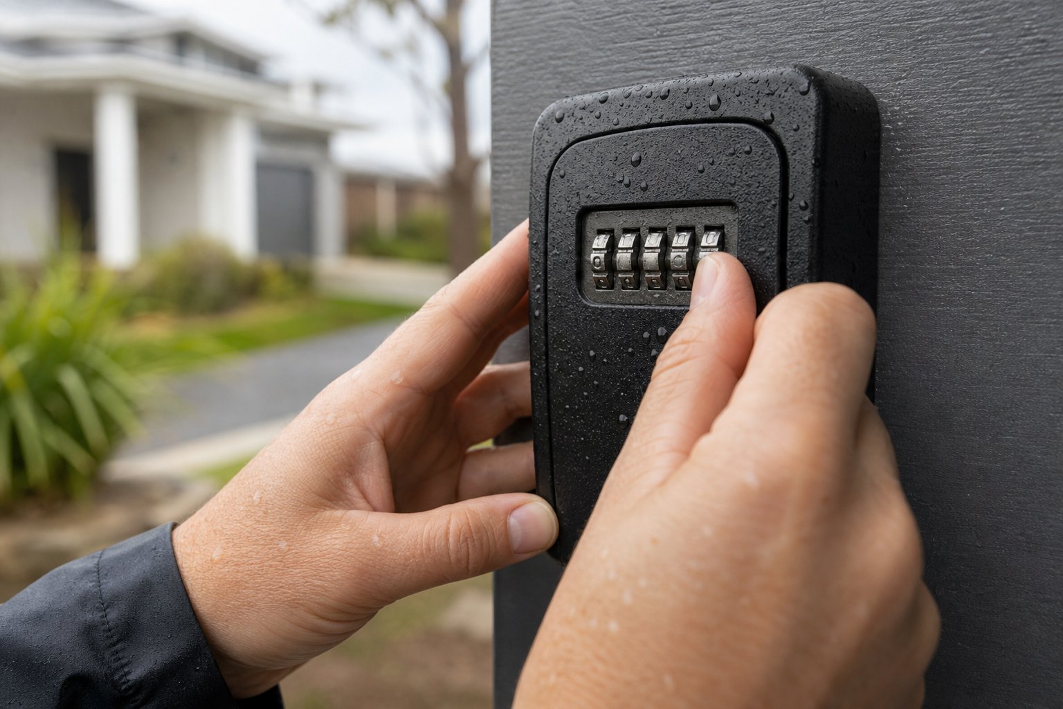 Setting a 4-digit combination on a weatherproof outdoor key lock box
