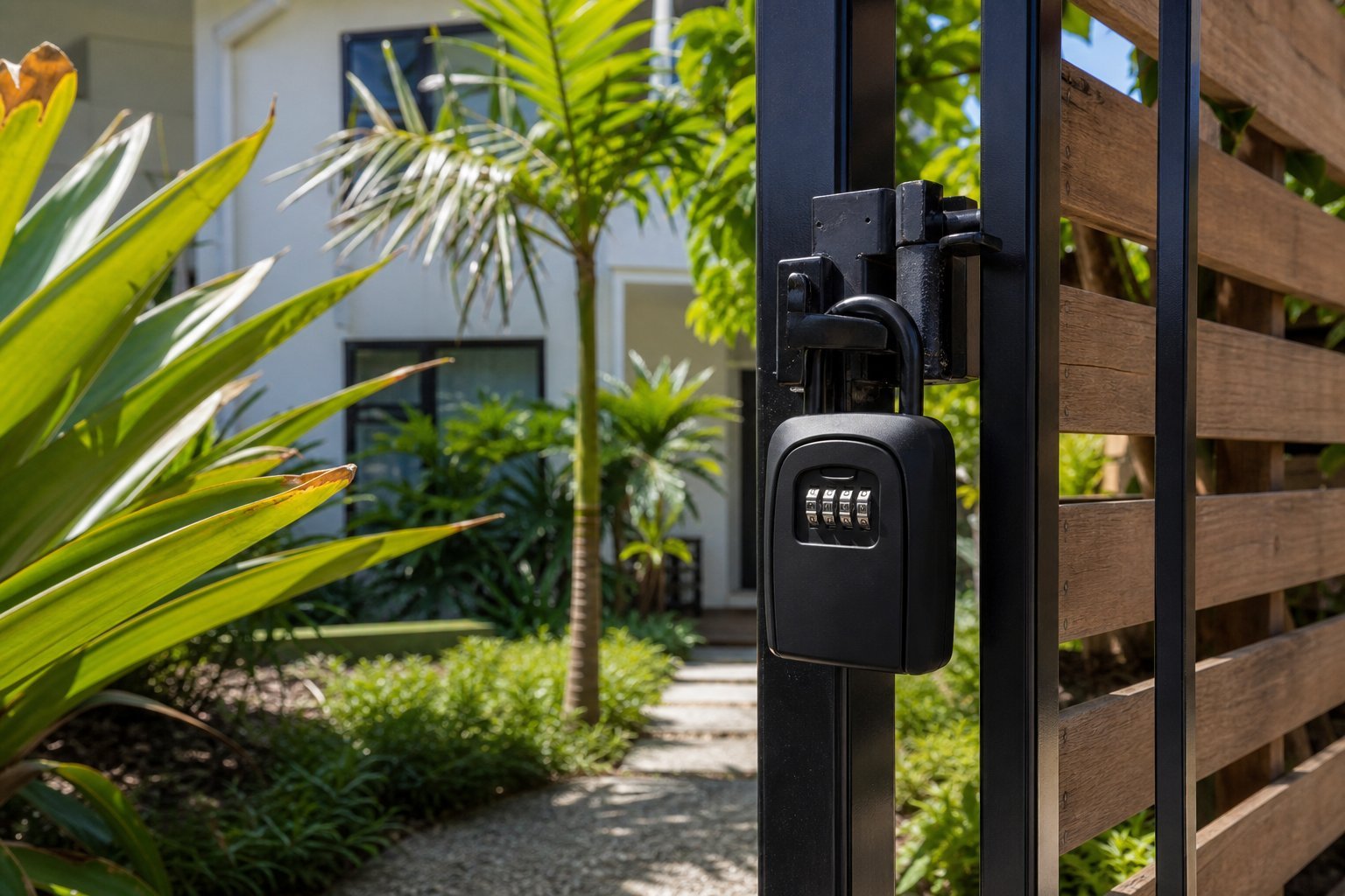 Portable key lock box on a side gate