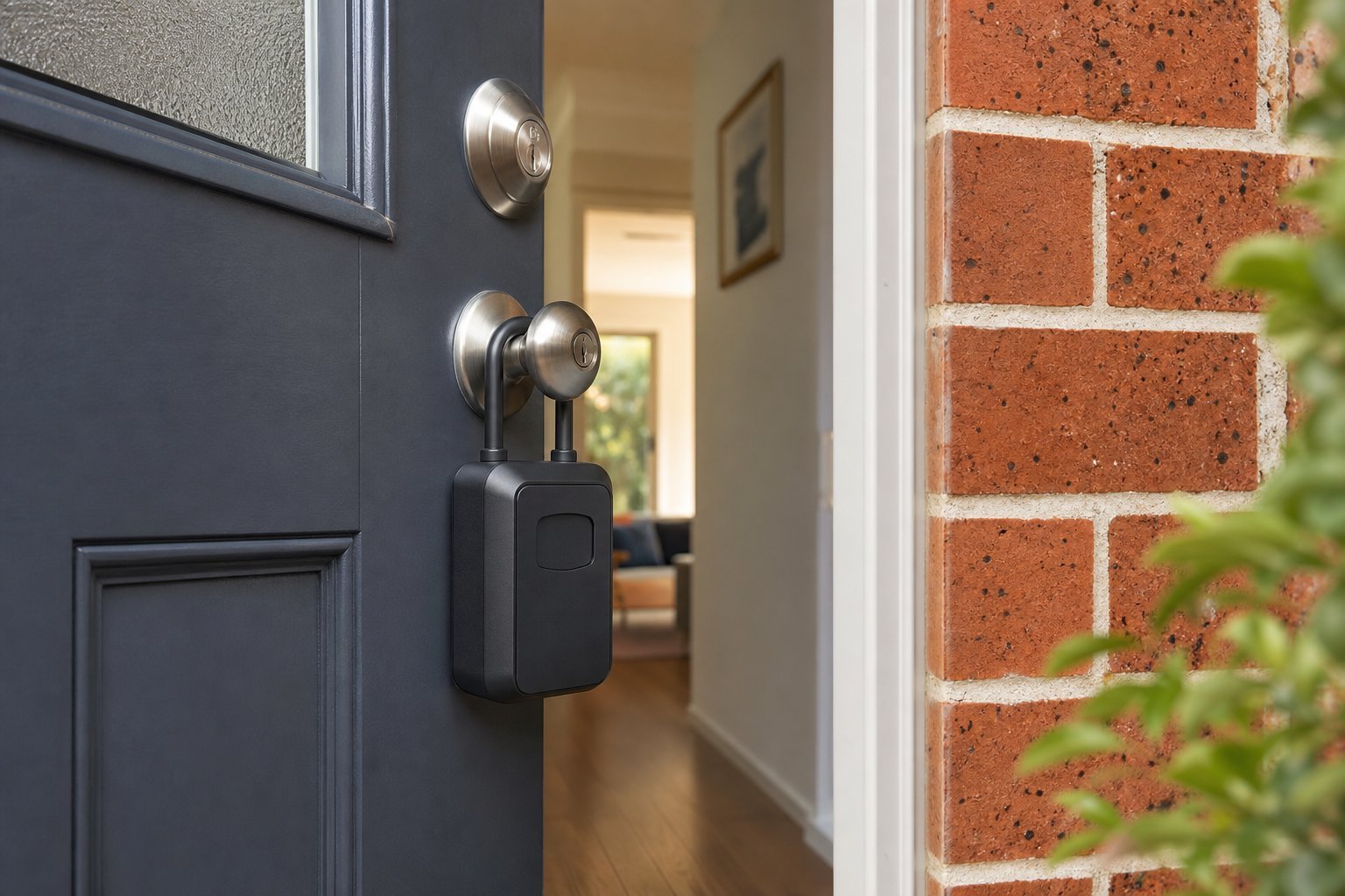 Hangable key safe on a front door handle — no drilling