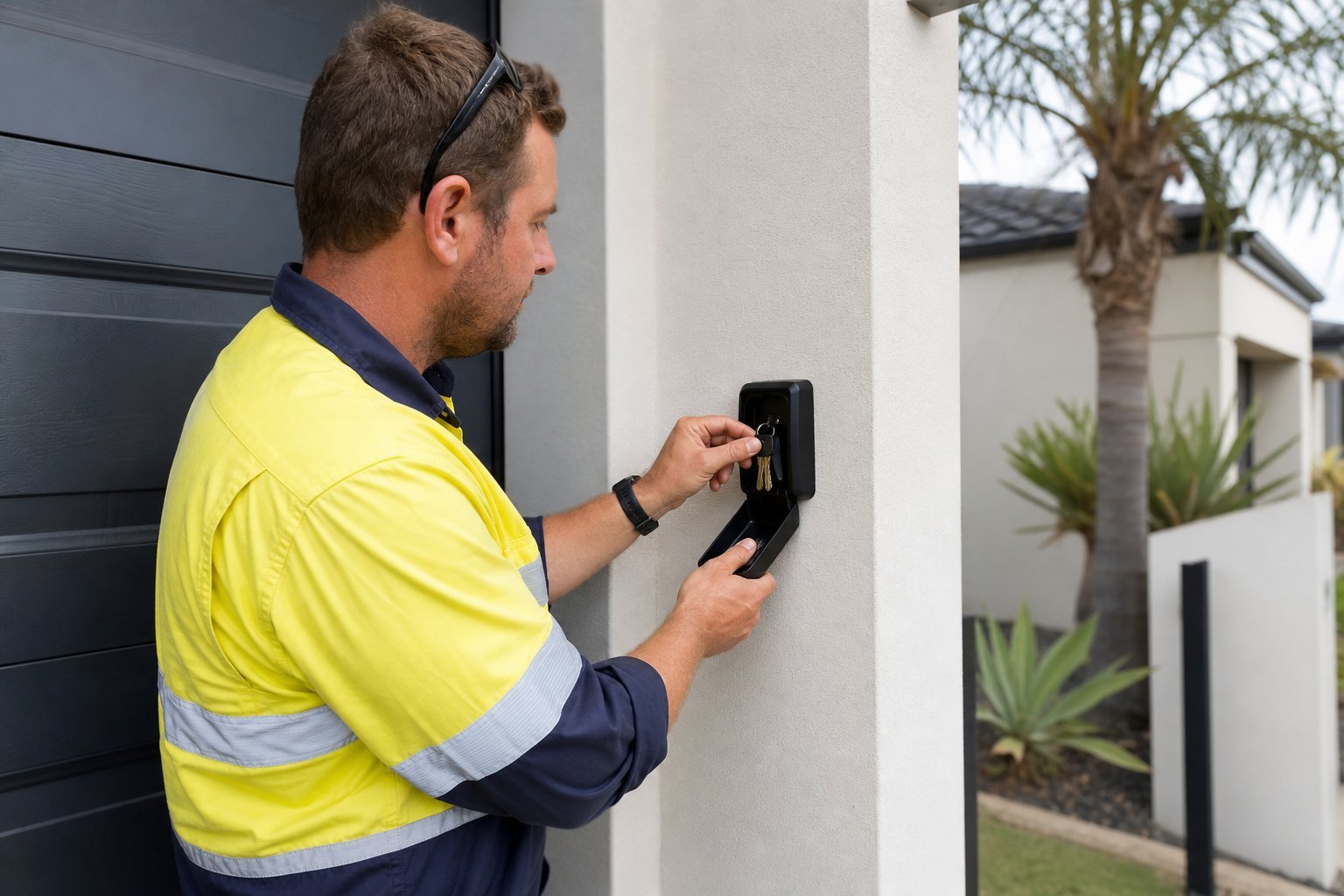 Tradesperson retrieving keys from an outdoor key safe