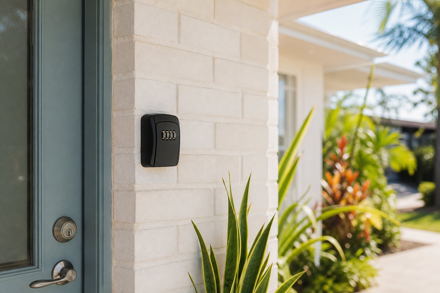 Wall-mounted key lock box beside an Australian front door
