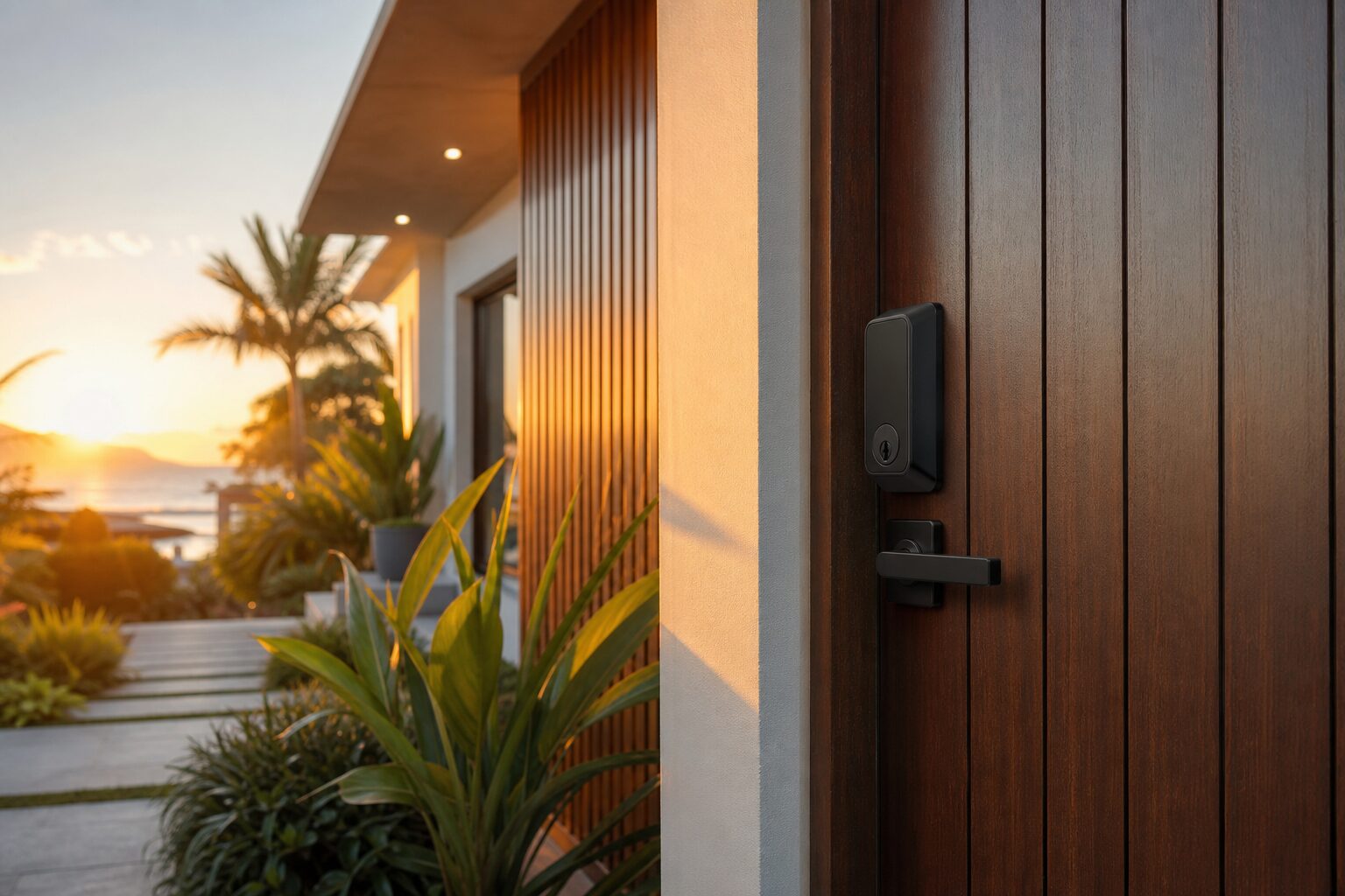 Gold Coast home front door with smart lock in warm evening light