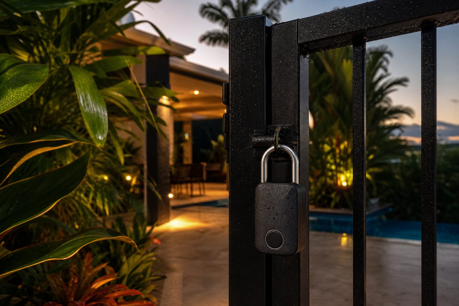 Weatherproof smart padlock on a backyard gate at dusk