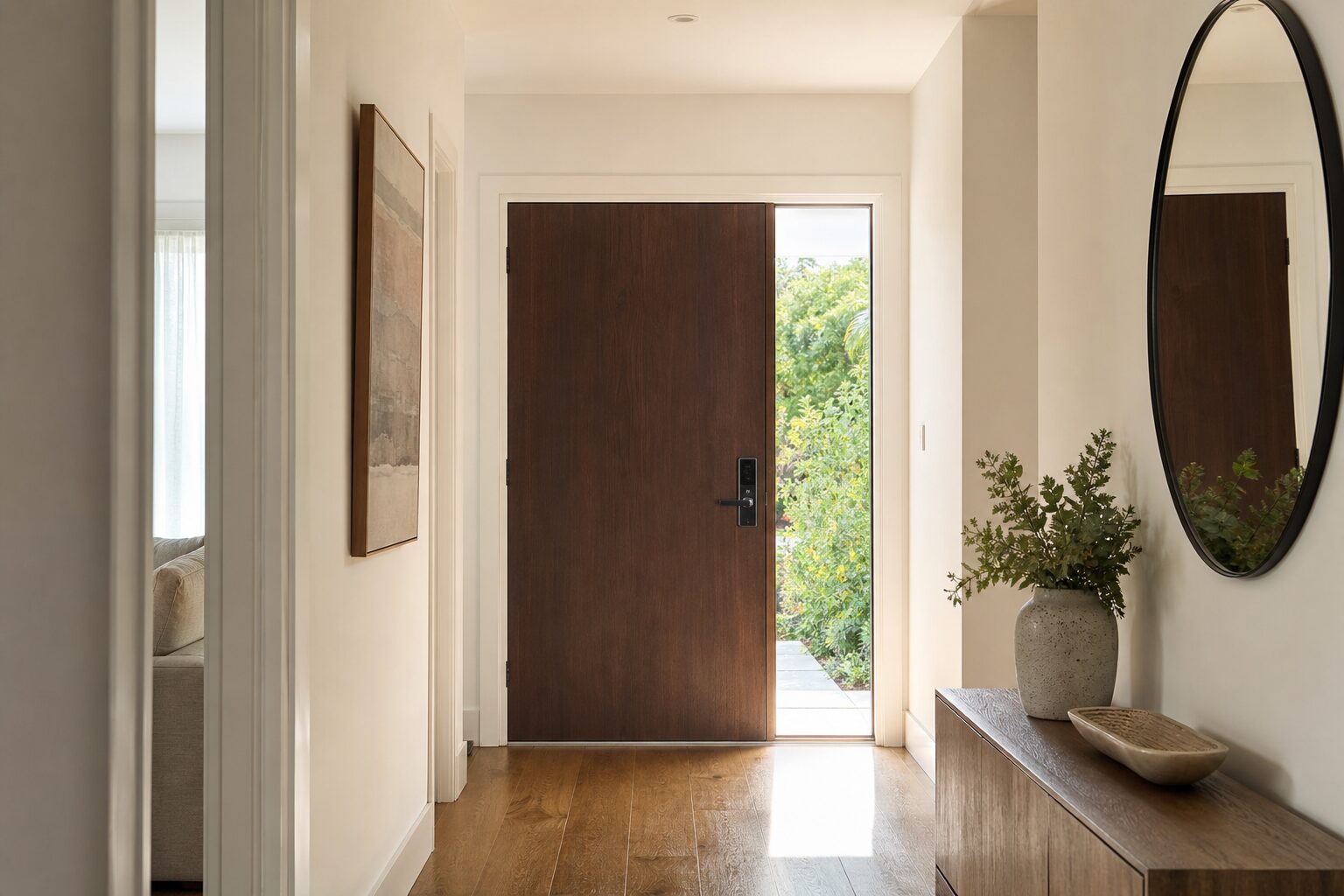 Bright Australian hallway leading to a front door with a slim smart lock