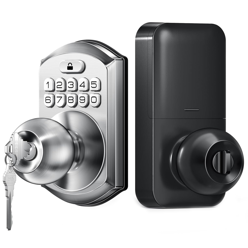TEEHO Keyless Entry Keypad Door Lock with Handle, Electronic Digital Smart Locks for Front Door, Easy to Install Keypad Deadbolt with Code for Bedroom, Anti-Peeping Password - Nickel